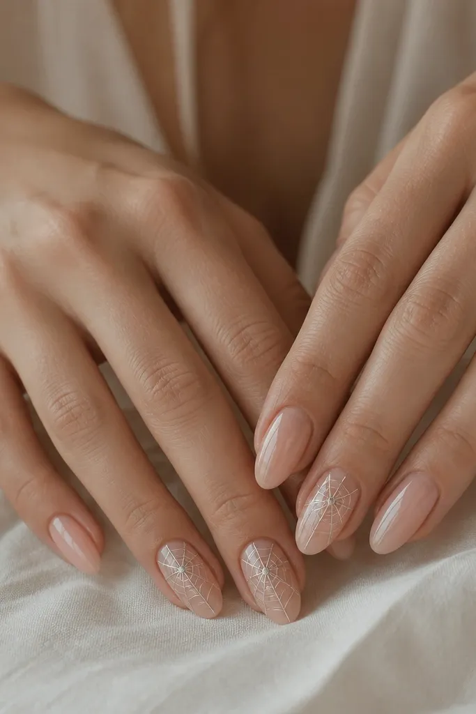 Ten nails on a nude glossy base. On each ring and middle nail there are thin silver web lines radiating from near the cuticle, with a tiny dot at the center. No chunky spider, just delicate lines.