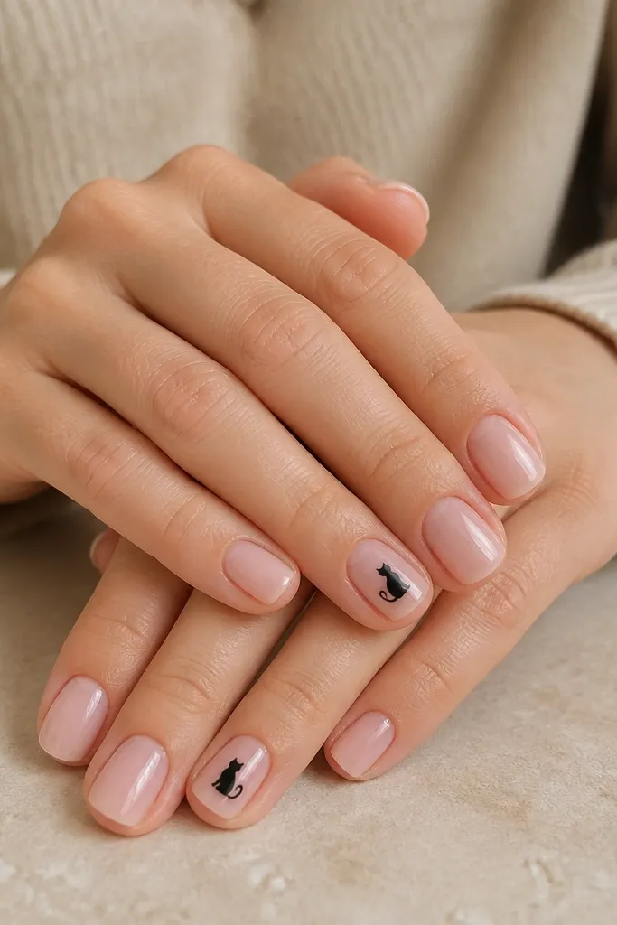 Short soft-square nails in a sheer pink base. Only the ring finger on each hand has a tiny black cat silhouette sitting in the center, facing left. Other nails are blank and glossy.
