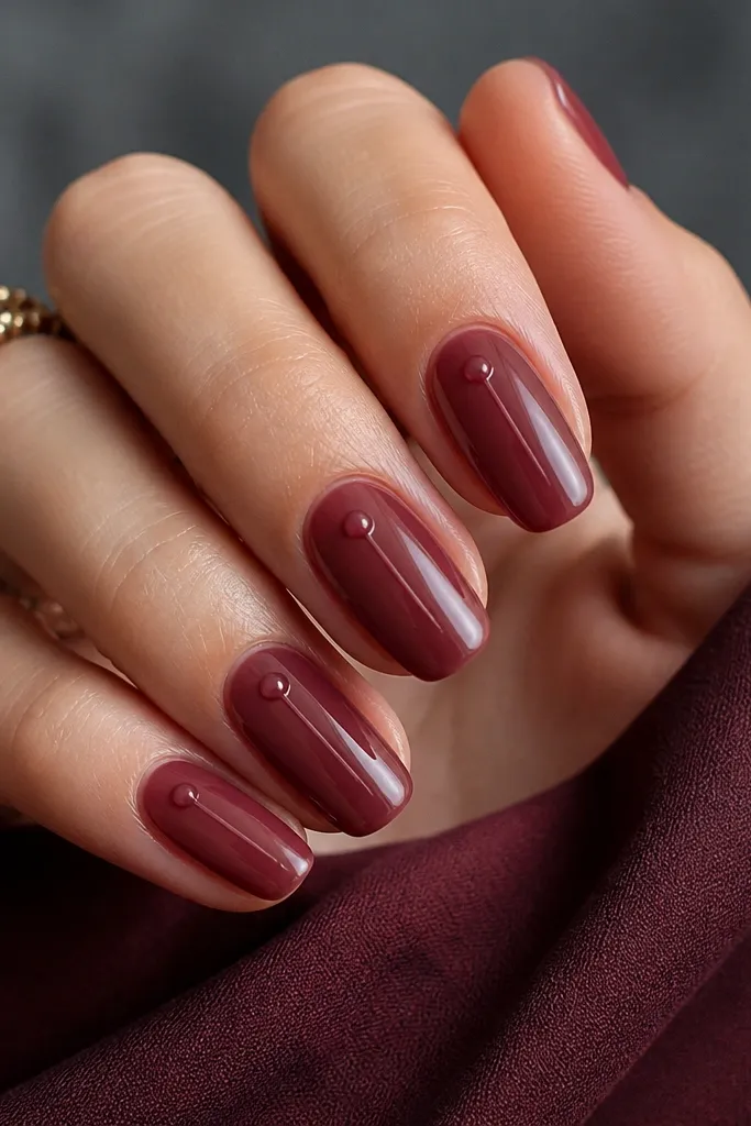 Sheer berry/burgundy nails with a glossy finish. On each nail there is one tiny vertical streak starting near the upper third and ending halfway down, plus a single dot at the top like a drop.