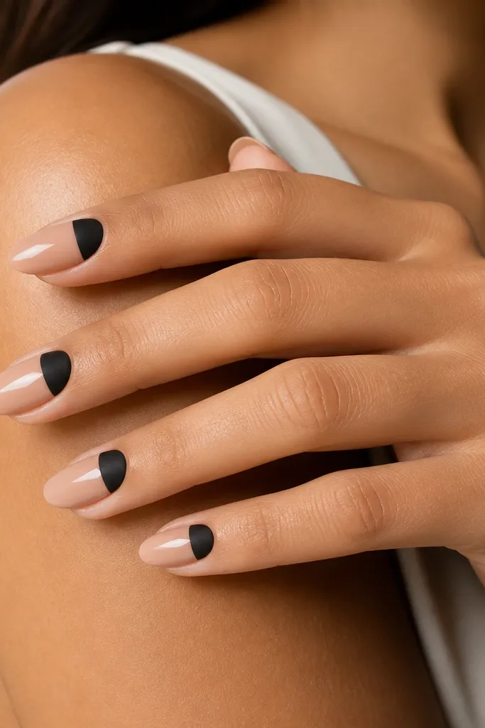 Nails are nude glossy. The lower half has a matte black half-moon shape near the cuticle, leaving the rest nude glossy. The line between finishes is crisp.
