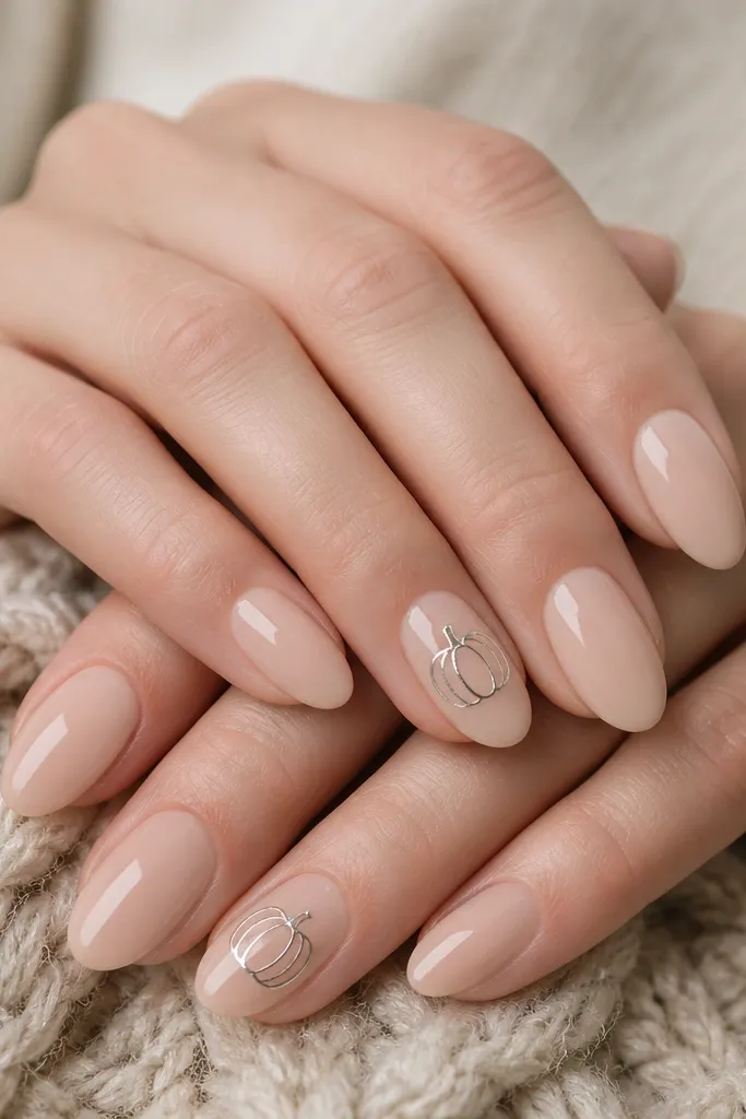 Soft oval nails in a nude glossy base. On two accent nails there is a small silver pumpkin slice icon with curved lines, centered vertically. The rest of the nails are plain.