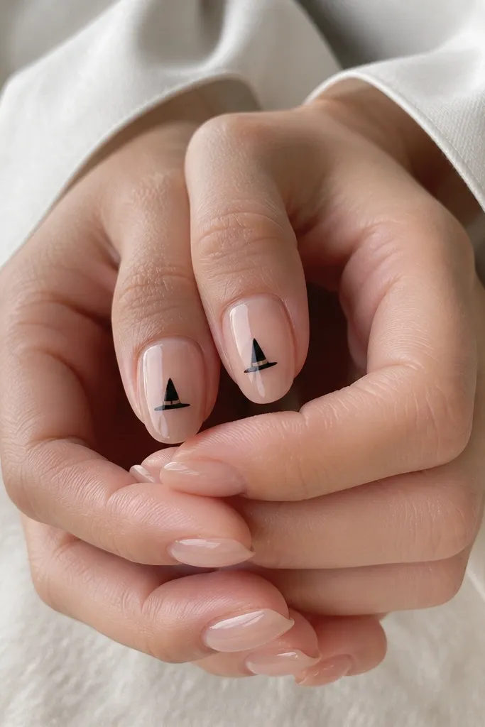 Sheer nude nails with a glossy finish. Only the thumb nails show a tiny black witch hat, like a small triangle with a brim, placed near the center of each thumb nail.