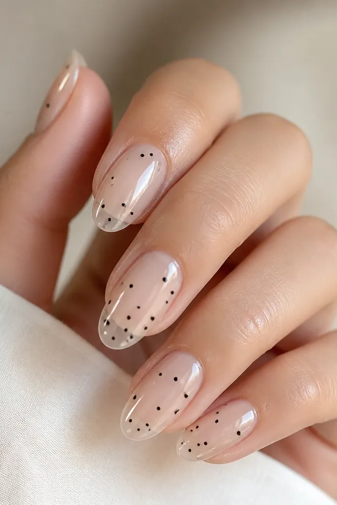 Clear or jelly clear nails with scattered tiny black dots at different heights. The dots look like they're floating, with no other art. All nails are glossy.