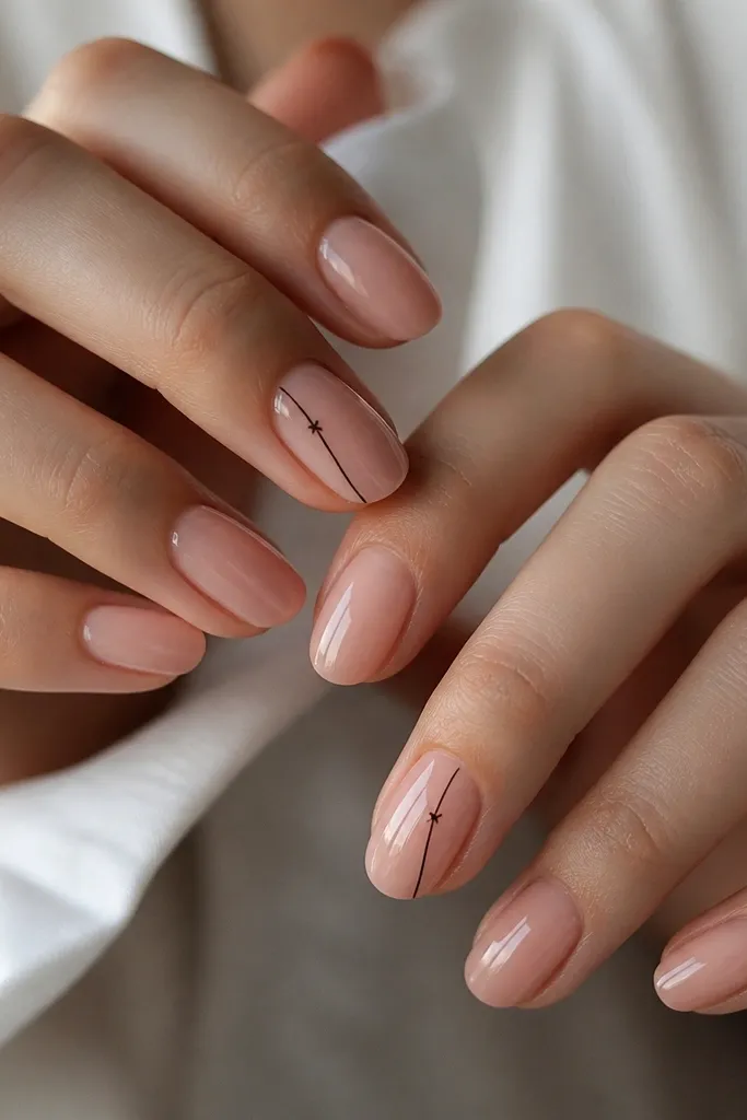 Nude glossy nails. On one nail per hand, a single thin black web line runs diagonally from near the sidewall toward the center, with a tiny cross at the end. Other nails are plain.