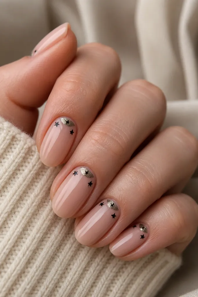 Nails are nude glossy with a pewter shimmer crescent near the cuticle. On the crescent edge there are 2-4 tiny matte black stars scattered across the top half of each nail.