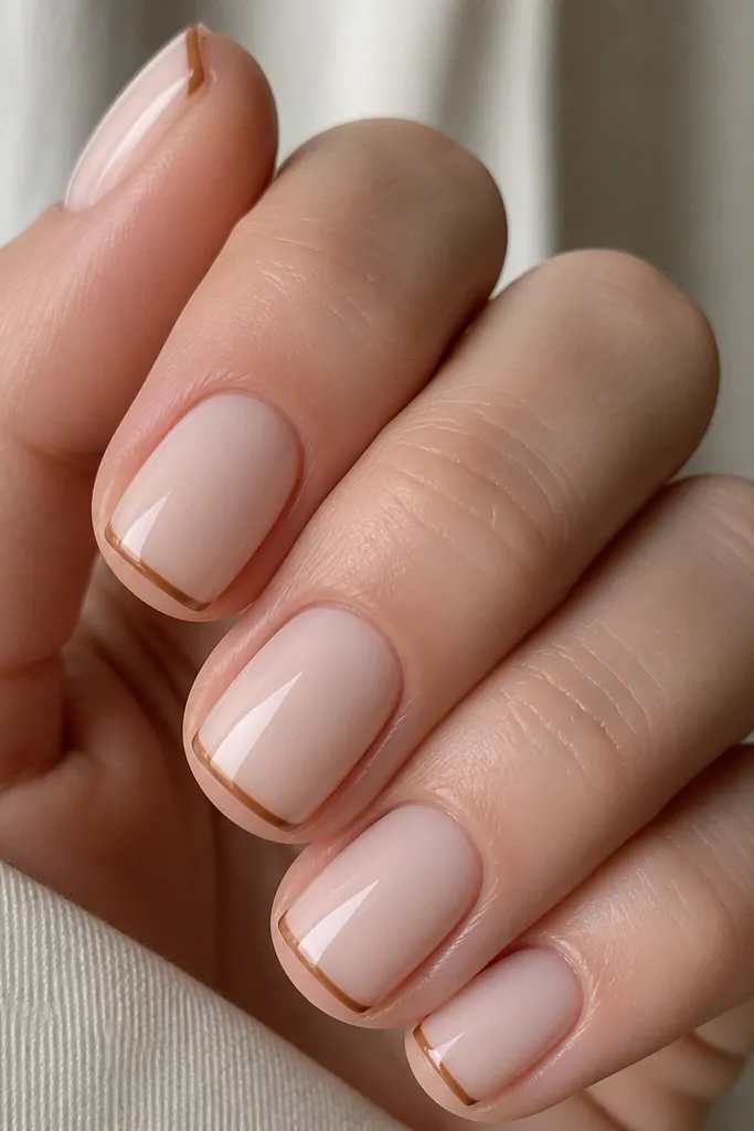 Close-up of short, squoval nails. The base is a milky nude. Tips are a very thin caramel light brown line, slightly curved, with a glossy finish.