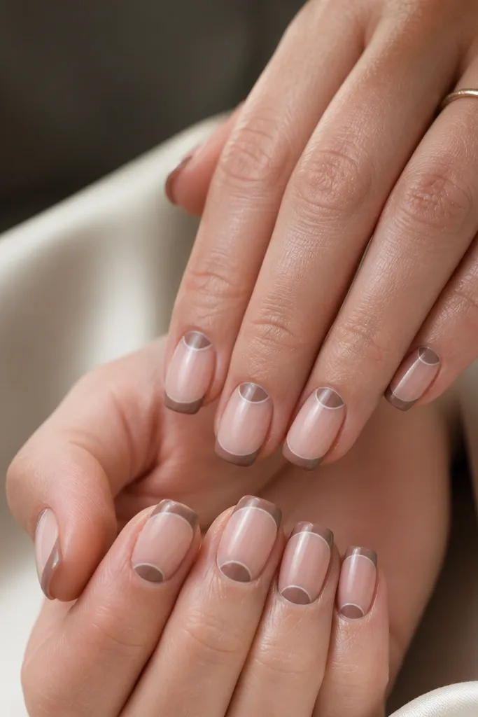 Nails with a nude base that's mostly clear at the center. A light brown French tip sits at the free edge, and there's a small half-moon light brown accent near the cuticle, leaving negative space between.