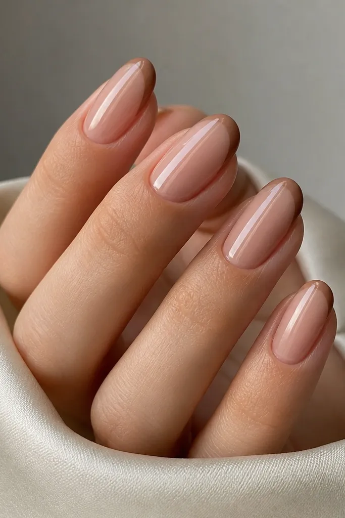 Medium-length oval nails. Base is a glossy nude. Tips are a light brown French line with a perfect smile curve, glossy all over.