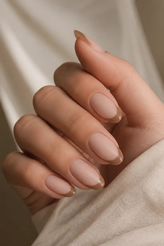 Nails are matte milky nude. The French tips are glossy light brown, with crisp, curved edges.