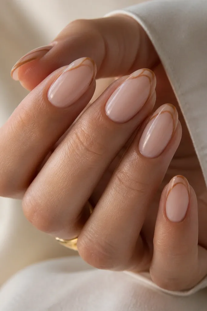 Ovals with milky nude bases. French tips are light brown, and each tip has a thin darker caramel swirl line near the center.