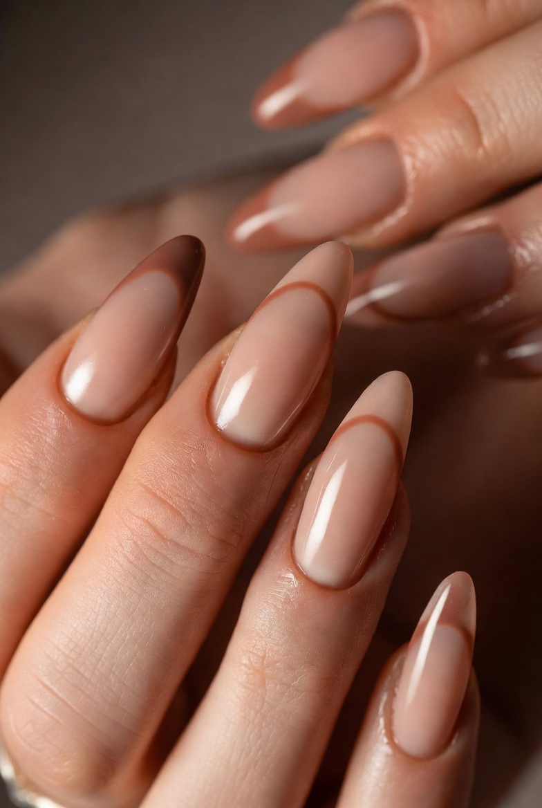 Short almond nails with a sheer jelly nude base. Tips are a translucent light brown jelly that looks layered, with glossy finish.