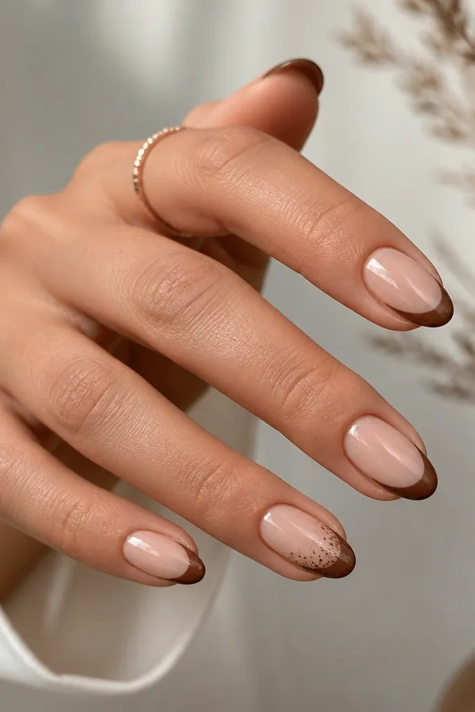 Medium oval nails. Nude base. Brown French tips. One or two accent nails have tiny light speckles in a slightly darker brown across the tip area.