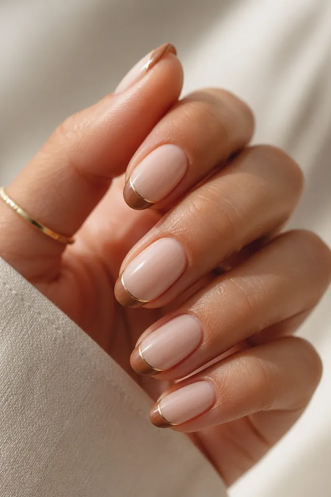 Nails with milky nude base. Light brown French tips. A super thin gold strip runs across the top edge of the brown tip like a delicate border.