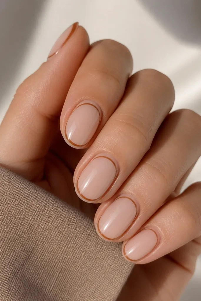 Nails with milky nude fill. Instead of a top free-edge tip, there's a light brown outline around the nail tip curve and a thin brown line near the cuticle.