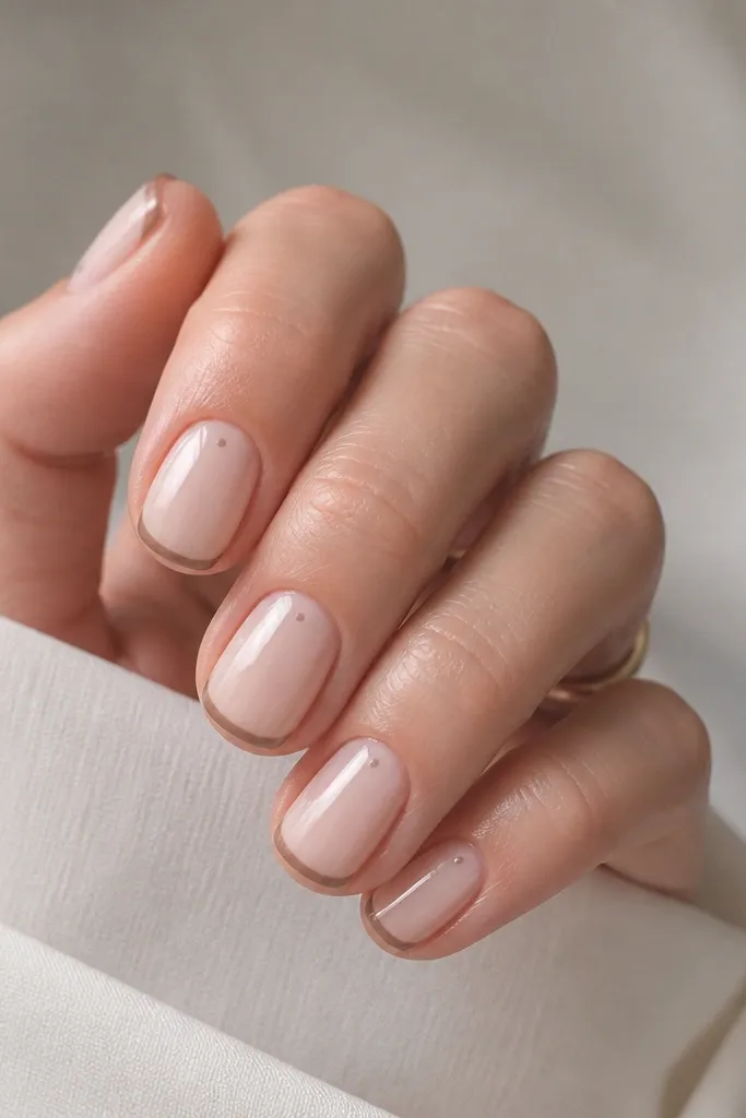 Short squoval nails. Milky nude base. Thin light brown French tips. Each nail has a tiny single dot at the center of the cuticle area in a slightly deeper brown.