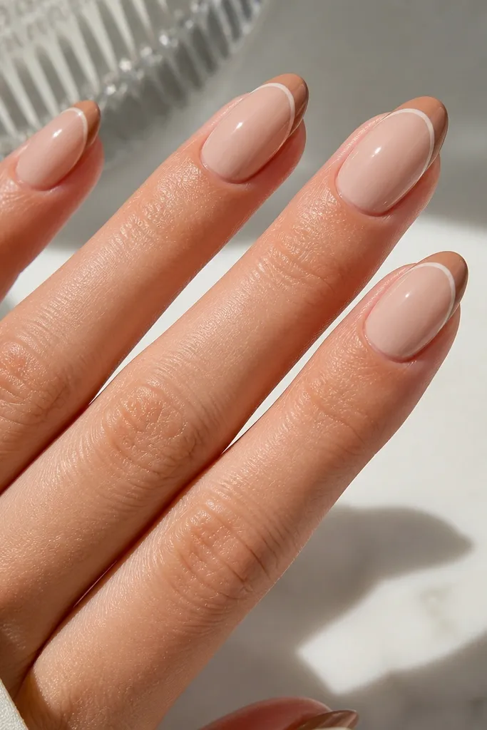 Medium almond nails. Milky nude base. Light brown French tip. Thin negative side lines run down from the sides near the tip, leaving narrow clear gaps.