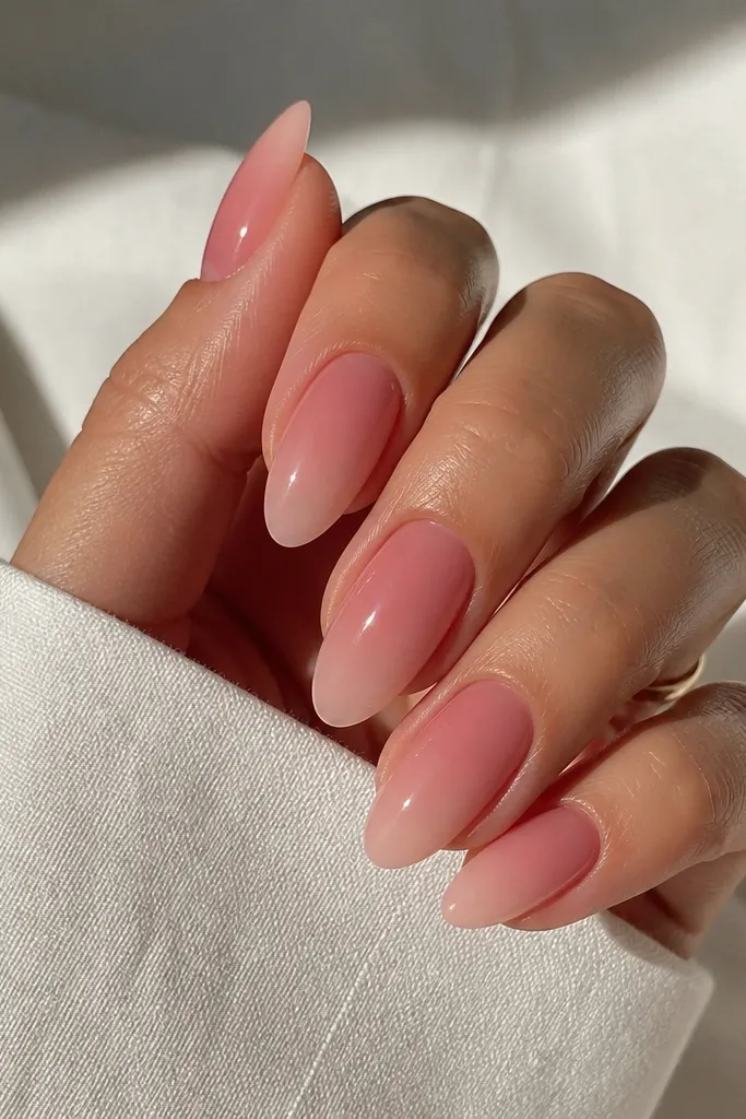 Long almond nails with a sheer pink-rose nude base, darker near the cuticle and fading lighter toward the tip; high-gloss shine with no extra art; natural nail bed glow.