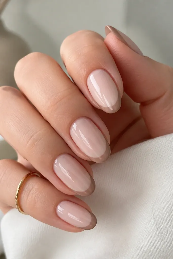 Medium oval nails with a sheer nude base; French tips are thin and warm taupe, forming a soft smile line; glossy finish.
