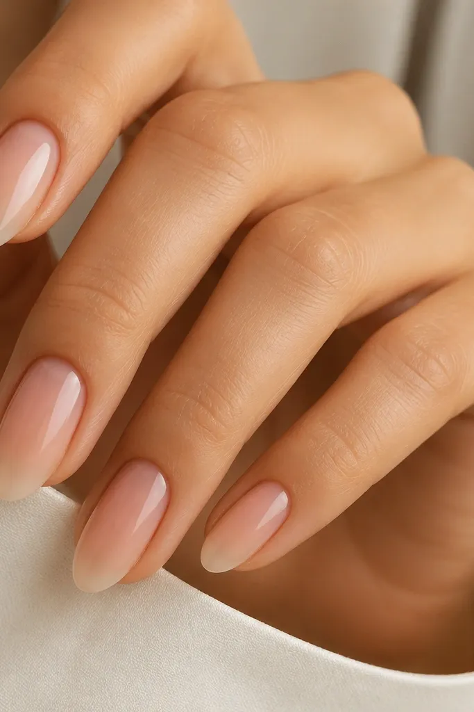 Short almond nails with milky pink nude around the cuticle that fades outward into a sheer nude; subtle airbrush-like glow; glossy finish.