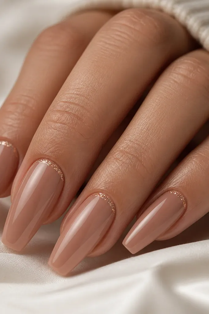 Medium coffin nails with a caramel nude base; a thin strip of micro glitter sits at the cuticle line only; glossy topcoat.