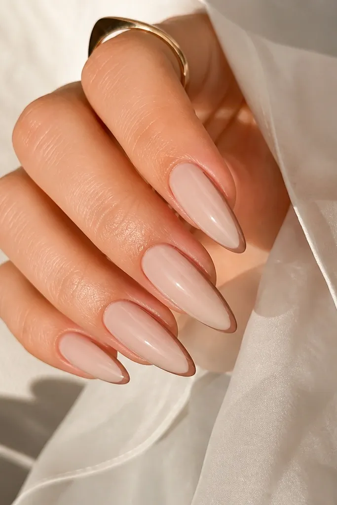 Long almond nails with a sheer nude base; a single thin outline runs along each side of the nail in nude-brown; glossy finish.