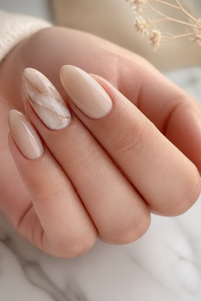 Medium almond nails with creamy nude base; one or two nails show soft marble-like veins in white and taupe; glossy topcoat with marble veins concentrated toward the center.