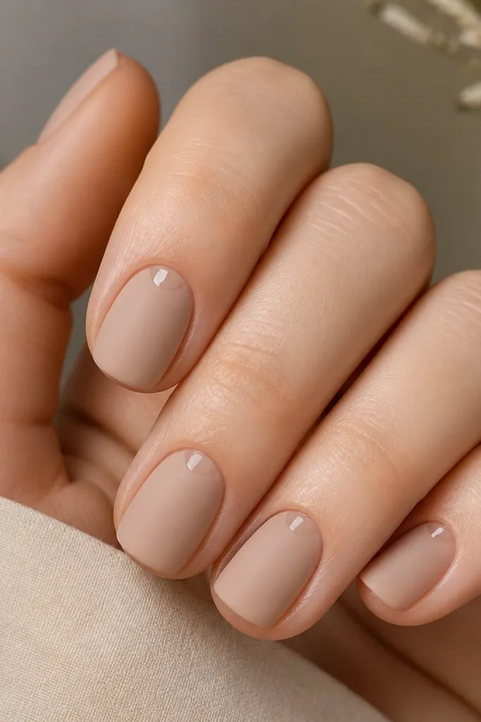 Short square nails coated in matte nude; at each cuticle there is a tiny glossy clear dot or crescent; no other decoration.