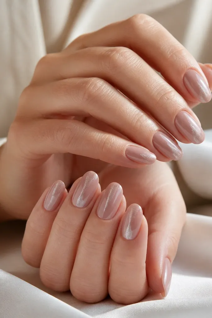 Medium oval nails in rose beige nude; a soft shimmer glaze runs along one side of each nail from mid to tip; glossy finish.