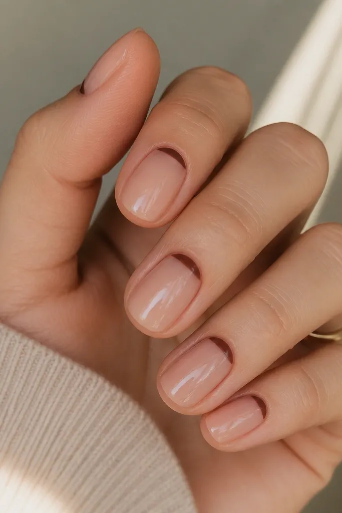 Short squoval nails with sheer nude base; at each cuticle there are tiny brown crescent shapes like half-moons; glossy finish.