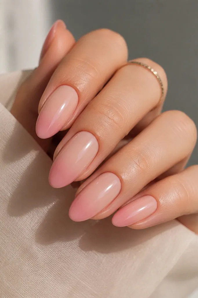 Medium almond nails showing a smooth ombré: nude at the cuticle fades into a blush-pink tint near the tip; glossy finish.