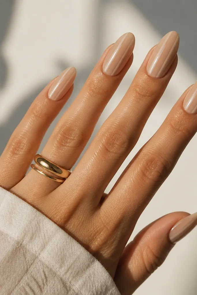 Long almond nails with nude acrylic; a narrow vertical clear strip runs down the center from near cuticle to almost the tip; glossy finish.