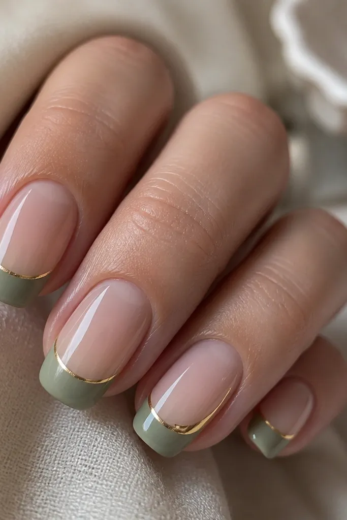 Four nails shown close-up. The tips are painted sage green in a crisp French shape. A hair-thin gold line sits right at the edge of the French, with a glossy top coat. The ring finger has the same thin gold line but slightly thicker at the corner.