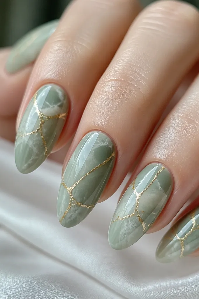 Multiple nails with a soft sage marble background. White-gray streaks cross the nails like stone. Thin cracked gold lines run through the marble, uneven and broken like spider veins. Everything is glossy.