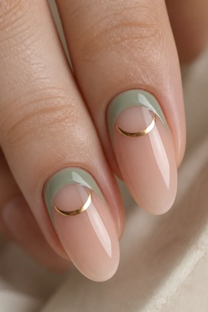 Two nails shown. The cuticle area is a half-moon of sage green, leaving a sheer nude center. A small metallic gold crescent sits right at the cuticle curve. The rest of the nail is glossy nude.