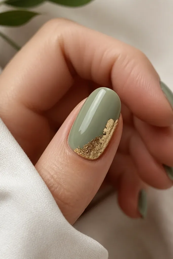 A sage green solid nail with one corner near the free edge covered in crinkled metallic gold foil. The foil looks like a torn leaf, with irregular edges. The rest of the nail is glossy sage.