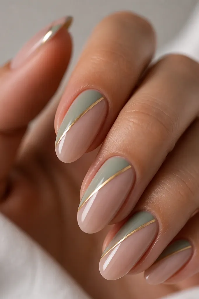 Clear nude nails with a diagonal sage stripe running from mid-side toward the upper tip. The stripe has a crisp edge. A thin gold line borders one side of the diagonal stripe. Glossy finish.