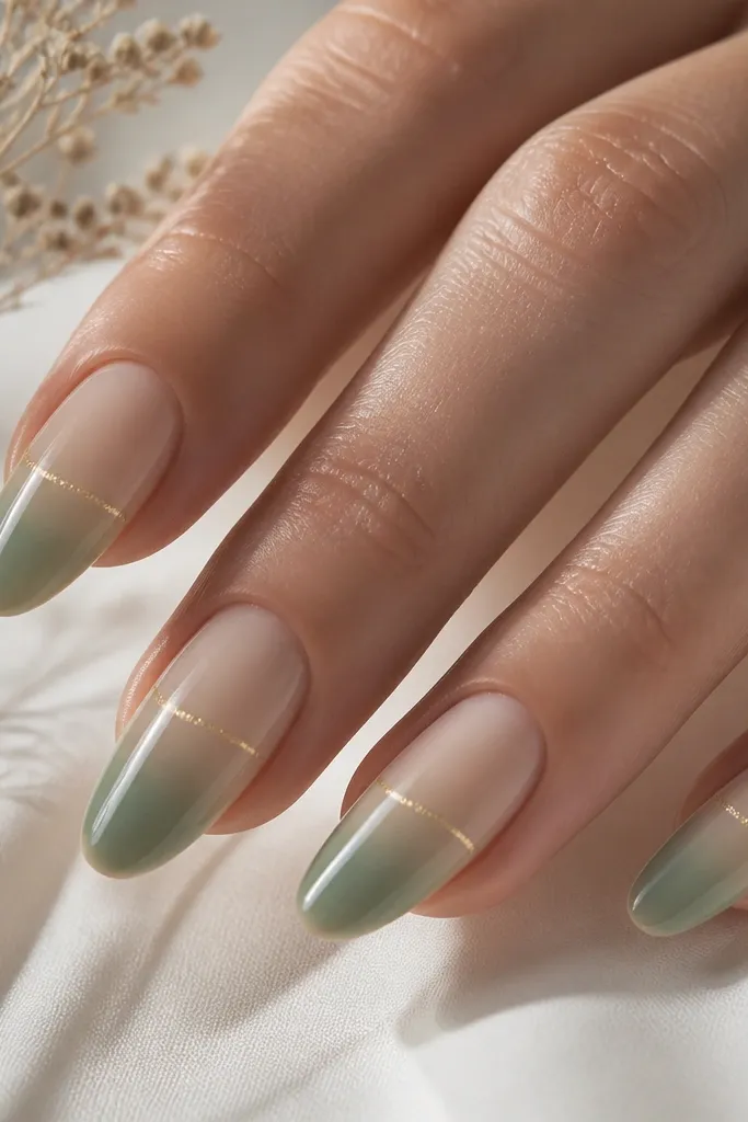 A soft ombre: sage is strongest near the base and fades into a sheer nude toward the tip. Across the middle sits a thin gold shimmer line, like a highlight. Everything looks glossy and smooth.
