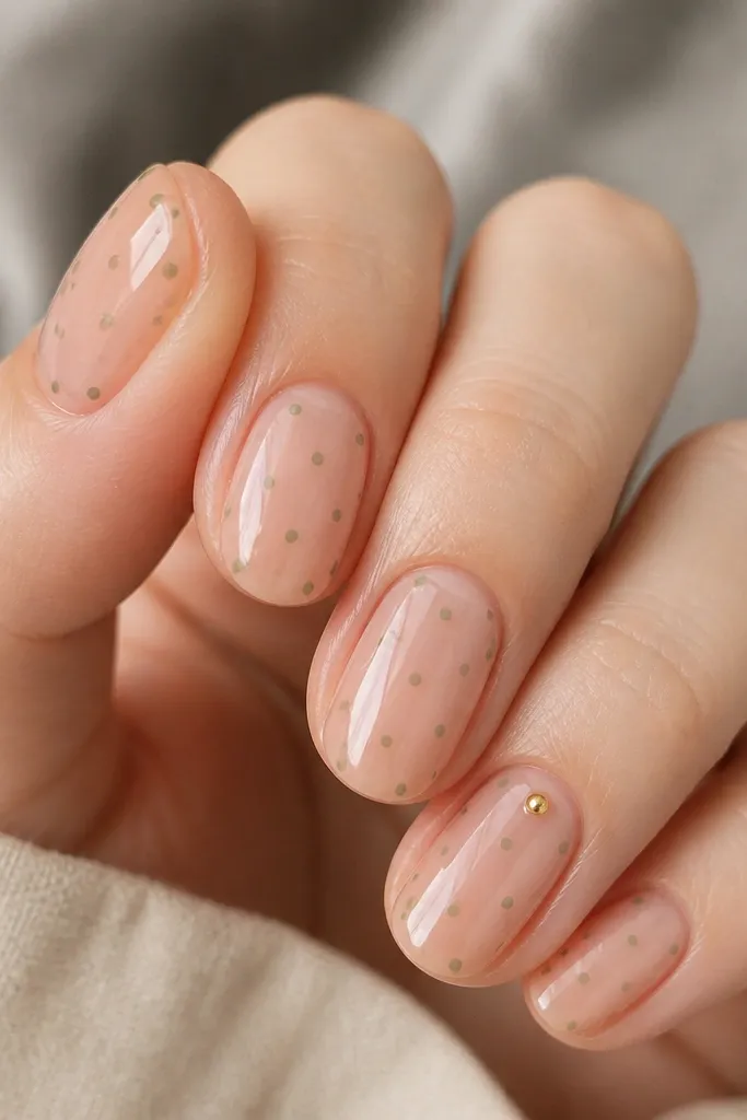 Nude nails with scattered tiny sage dots. Each dot is round and evenly spaced. Two nails have a single gold micro stud near the cuticle or side. Glossy top coat.