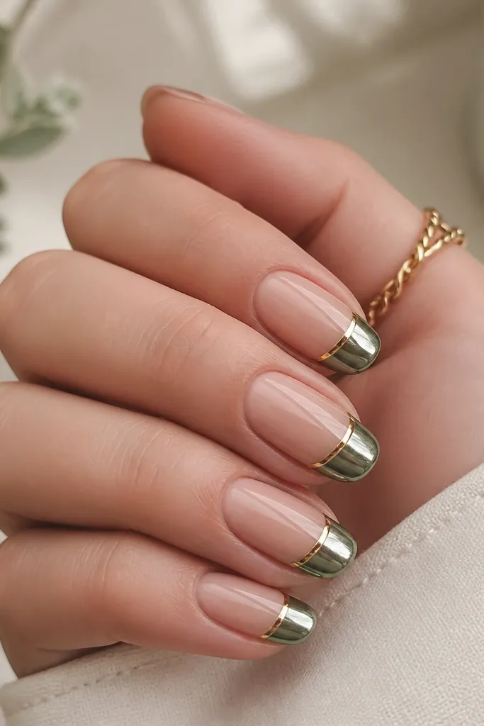 Tip-focused nails. The tips are sage chrome, mirror-like and metallic. A thin gold stripe runs horizontally just above the chrome area. The bases are nude and glossy.