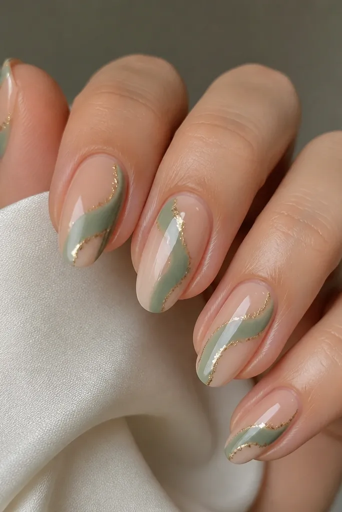 A nude base with a flowing sage swirl that wraps around the nail. A thin trail of crinkled gold foil follows part of the swirl. The swirl has smooth edges and the rest is glossy.