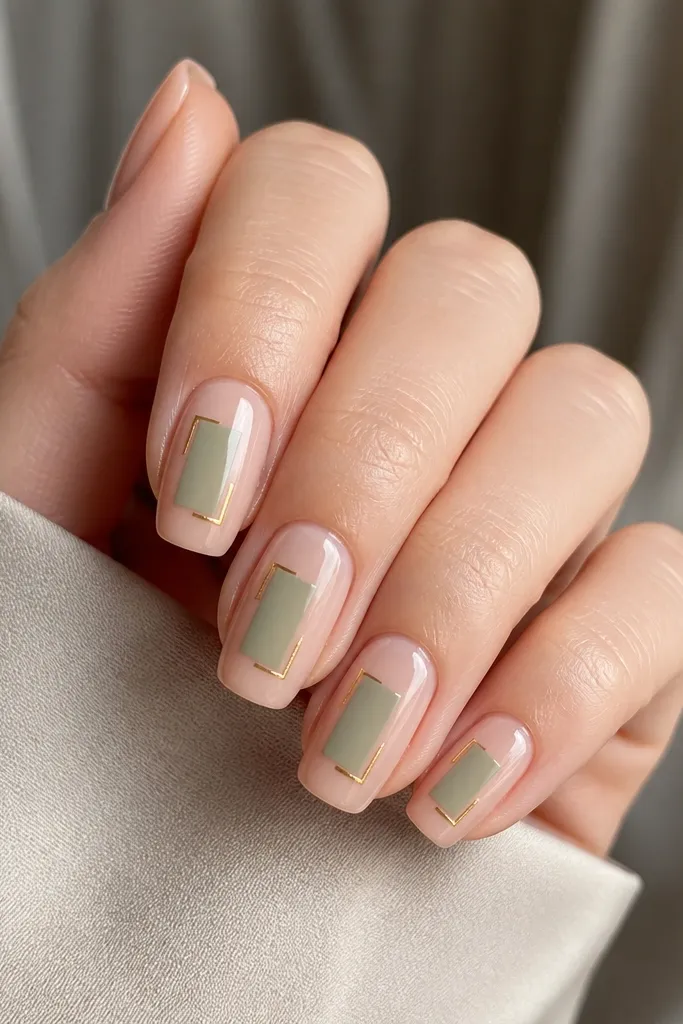A nude nail with a sage rectangular panel in the center-left area. The rest is nude. Gold corner accents sit at the top-left and bottom-right corners of the rectangle. Glossy finish.