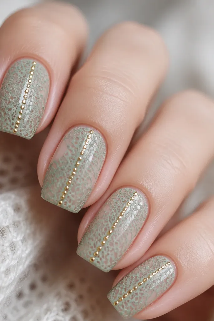 Sage lace-like pattern over a sheer nude base. The lace has small loops and gaps like fabric. Along one side runs a ladder of tiny gold dots. Glossy top coat.