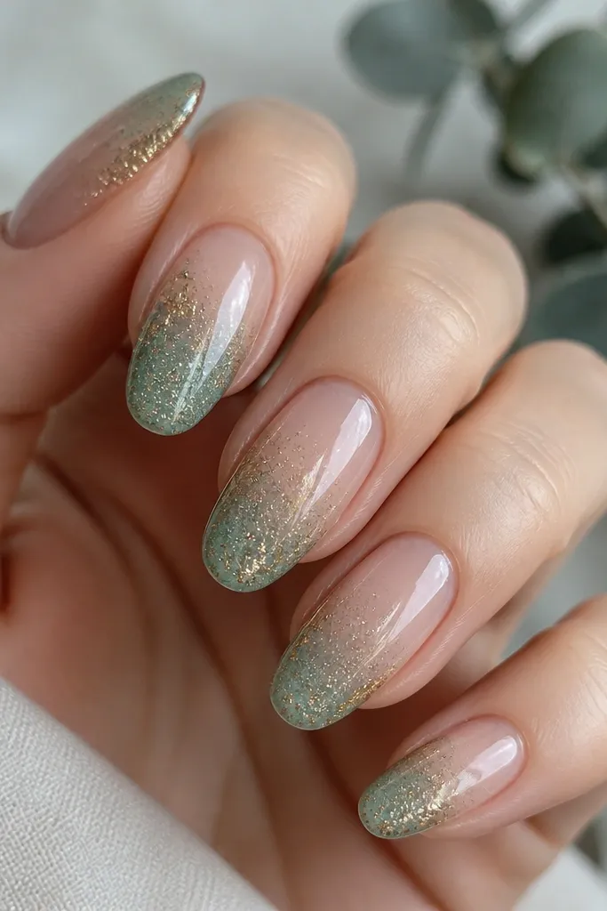 A sage glitter gradient that fades from dense at the tip to sheer at the base. Around the tip area is a halo of crinkled gold foil, mostly on the outer edges. Glossy finish.