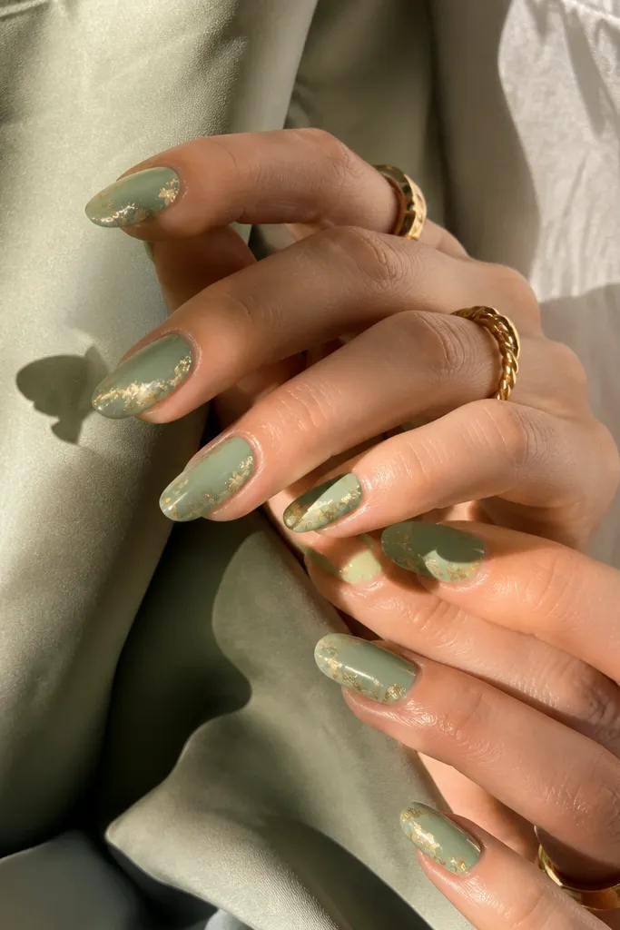 Aesthetic sage green and gold nails