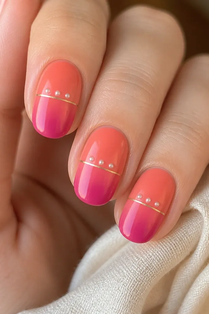 Close-up of short oval nails with a smooth ombre: coral near cuticles fading to magenta at the tips. A thin gold horizon line runs across each nail near the middle, with tiny pearl dots above it.