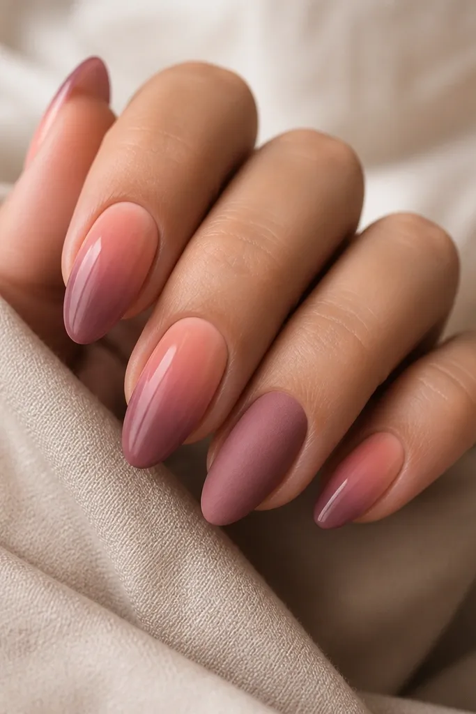 Medium almond nails with a hazy ombre that shifts from peach to dusty rose. The gradient looks slightly cloudy at the center, and the tips have a soft smoky plum tint. No extra art besides a single matte top accent on one nail.