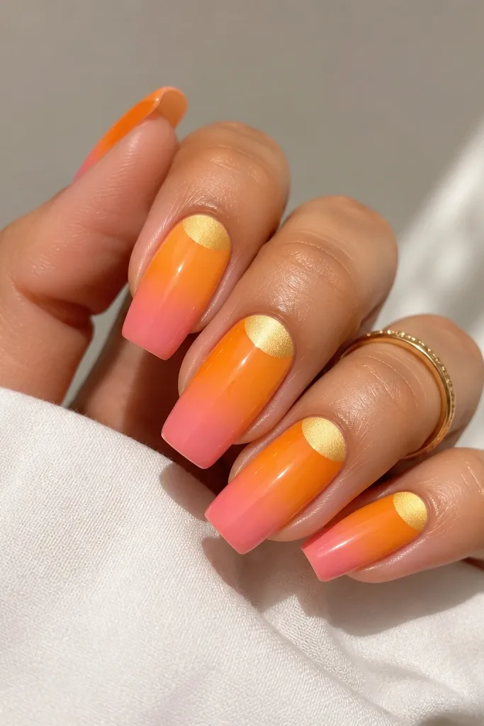 Long squoval nails with a bright tangerine ombre fading to pink at the tips. A crisp half-moon "sun" shape in pale gold sits near the cuticle on each nail, with a soft blended edge.