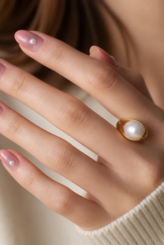 Short almond nails in a soft ombre from pale rose to deeper rose. On each nail, there's a single pearly dot placed near the center of the gradient, with a faint halo.