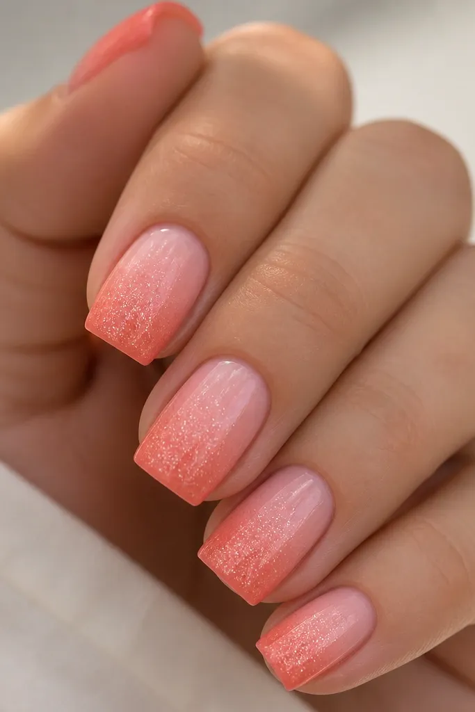 Square nails with a coral-to-pink ombre. A micro glitter fades in from the tip downward, like the sun's sparkle. No other art.