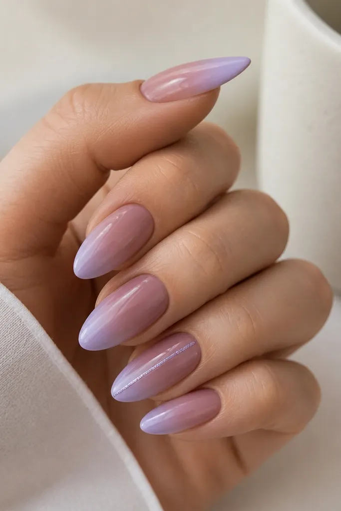 Almond nails with mauve ombre that fades into lavender at the tips. The gradient is smooth and airy, and one nail has a thin lavender shimmer line near the center.